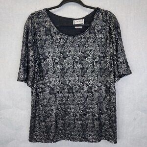 Carroll Reed Blouse Women's L Floral Silver Metallic Short Sleeve Top Art Slinky
